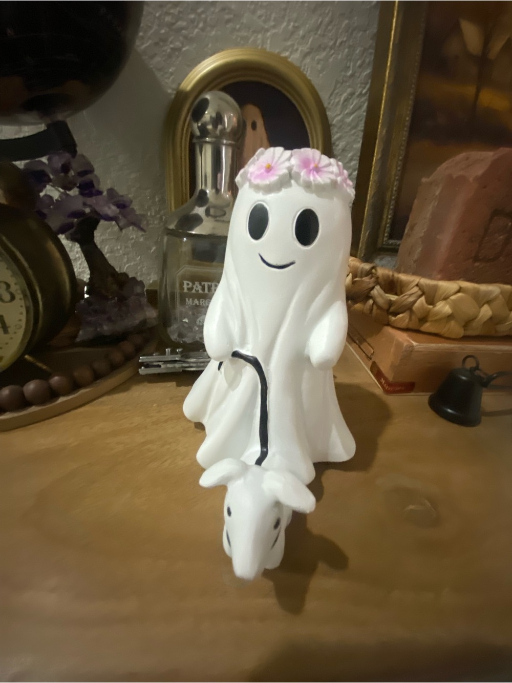 White Ghost Figurine with Floral Crown walking Dof- Home Accent
